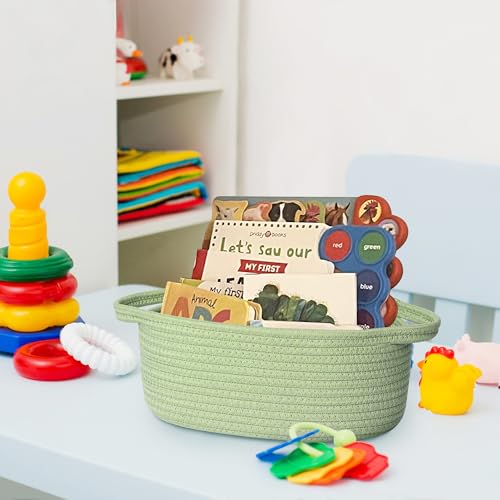 Image of Small Woven Gift Basket, Baskets for Gifts Empty, Cotton Rope Cat Dog Toy Bin Box, Nursery Baby Basket, Wicker Basket with Handles, Shelf Storage Basket for Home Decor, Green, 12 inchx 8 inchx 5 inch