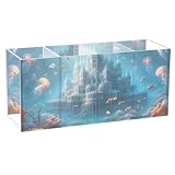 Underwater World Castle アクリルペンホルダー 4つのコンパートメント クリアペンホルダー デスクオーガナイザー オフィス ホーム用品