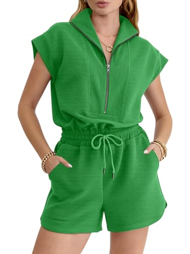 Image of Rompers for Women Summer Short Sleeve Half Zip Lapel Collar Jumpsuit Casual Drawstring One Piece Outfits with Pockets