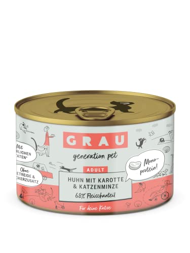 GRAU – das Original – Nassfutter für Katzen - Huhn mit Karotte & Katzenminze, 6er Pack (6 x 200 g), Monoprotein, getreidefrei, für Erwachsene Katzen