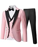 YND Men's 3 Piece Slim Fit Wedding Tuxedo Set, Peak Lapel One Button Suit Jacket, Double Breasted Vest Pants with Bow Tie, Light Pink
