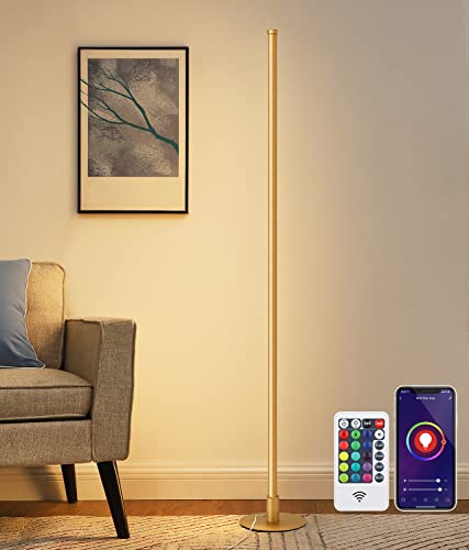 Image of EDISHINE Modern LED Corner Floor Lamp with Smart App & Remote Control, Minimalist Dimmable Light Compatible with Alexa, Google Home, 57.5" Tall Lamp for Living Room, Bedroom (Gold)