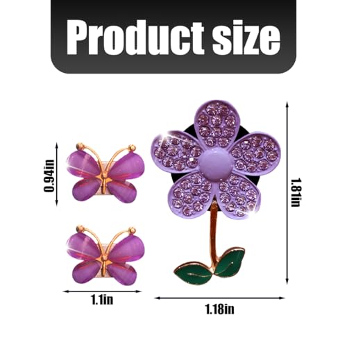 Image of 3PCS Bling Car Air Vent Clips, Butterfly Flower Rhinestone Vehicle Conditioning Outlet Clamps, Diamond Vent Clip Charm Decoration for Women Girls, Universal Automotive Accessories (Purple)