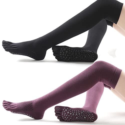 Pesine 2 PCS Thigh High Yoga Socks for Women Non-Slip Toeless Long Socks for Pilates Pure Barre Dance Barefoot Workout (Black & Grey), One Size4