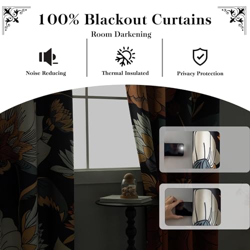 Image of Tyrot Black Boho Floral Grommet Blackout Curtains, 52W x 108L, 2 Panels