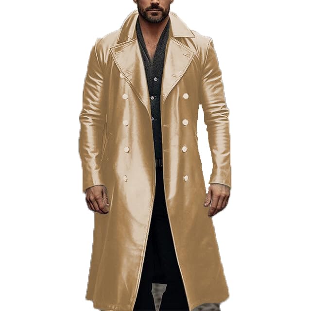 SXHEYUY Men Long Trench Jacket Leather Metallic Parka Coat Club Party Coat