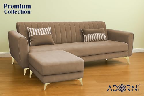 Image of Adorn India Premium Luster 4 Seater L Shape Sofa Set | Velvet Suede Fabric | 3-Year Warranty | Color Camel with Golden Legs & Striped Pattern Cushion