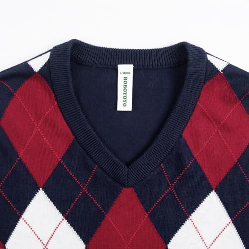 BOBOYOYO Boys Argyle Sweater 100% Cotton Cable Knit Boys Uniform Sweater V-Neck Christmas Kids Pullover for Children 5-14 Y2