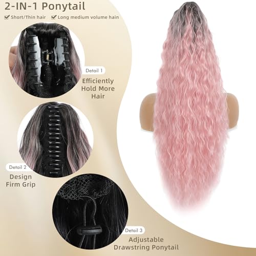 Image of Claw Clip Ponytail Extension 26In Long Wavy Curly Hair,Ombre Pink