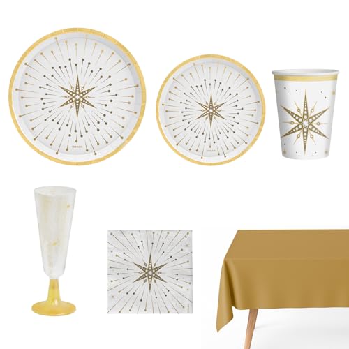OH YEAH - Kit Vajilla Desechable 12 Personas Nochevieja - 80 Piezas - Blanco y Oro - Platos, Vasos, Servilletas - Decoración Mesa Fin de Año - Diseño con Estrellas Brillantes - Fiesta Navidad Elegante