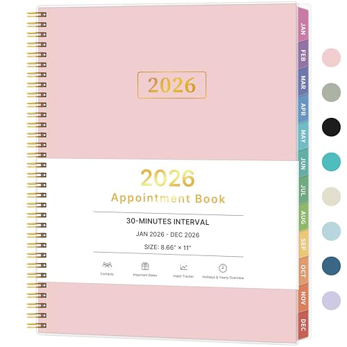 2026 Appointment Book, 30 Minutes-Hourly, Weekly ＆ Monthly Calendar Planner 2026, Jan 2026 - Dec 2026, 8.5'' x 11'', 2026 Daily Planner with Tabs ＆Pocket, Flexible Cover, Great for Office, Home, School