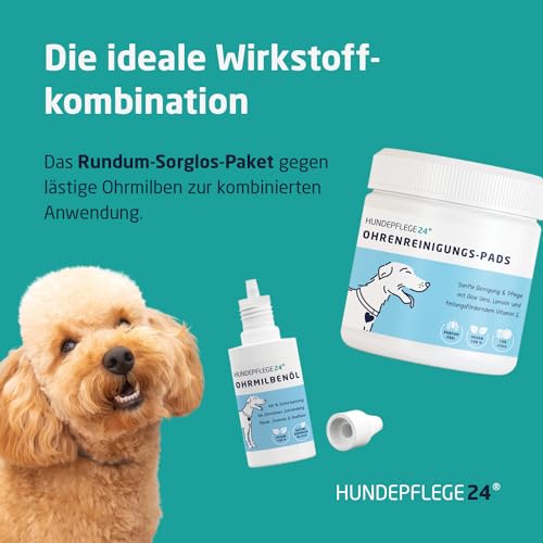 Hundepflege24 Ohrenreiniger für Hunde Akut - Extra-starker Hundeohr Reiniger bei Entzündungen & Infektionen - Natürliche Ohrentropfen für Hunde mit Piroctone Olamine, Kamille & Aloe Vera 250ml