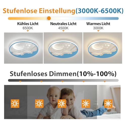 AHXIAOZN LED Kinder Deckenlampe, Stern Mond Deckenleuchte Mit Fernbedienung, Stufenloses Dimmbar Kinderzimmer Deckenleuchten, Schlafzimmer Decke Kindergarten Beleuchtung(D40cm, Blau)
