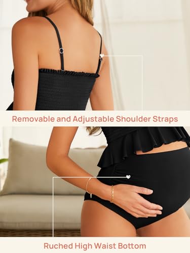 Summer Mae Maternity High Waist Swimsuit Ruffle Hem Bikini Bathing Suit Shirred Bandeau Two Piece Pregnancy Swimwear4