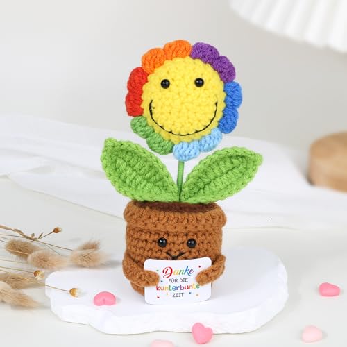 BOFUNX Erzieherin Geschenk, Gestrickte Sonnenblumen + Danke Karte + Organzasäckchen, Erzieherin Lehrerin Geschenk Glücksbringer für Abschied Danke Weihnachten Neujahr