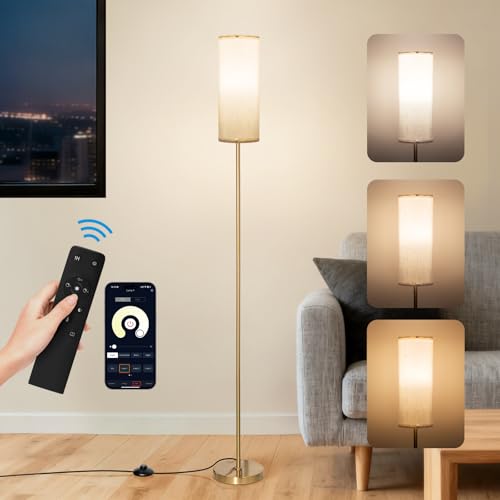 CRLL Lámpara de Pie para Dormitorio, Sala de Estar, Oficina, Lámparas de Pie Modernas con Mando a Distancia y Control de Pie, Lámpara de 2700k-6500k con Pantalla de Lino (Cilindro - Dorado)