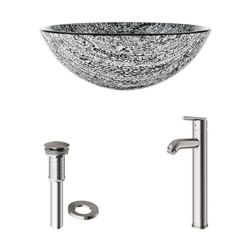 Vigo Vgt827 16.5" L -16.5" W -13.0" H Titanium Handmade Glass Round Vessel Bathroom Sink Set In Slate Grey Finish With Brushed Nickel Single-Handle Single Hole Faucet And Pop Up Drain #TOP3