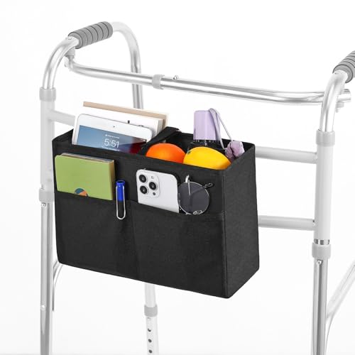 Rhino Valley Walker Basket, Large Capacity Basket for Walkers with Multi Pockets, Hand-free Carry Pouch Storage Bag Walker Accessories for Universal Walkers for Seniors, Black