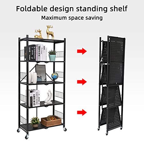 Molyhom Folding Storage Shelves, 5-Tier Metal Collapsible Shelves With Wheels, Shelving Units And Storage Rack, Rolling Shelf No Assembly… #TOP3