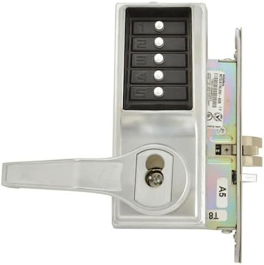 Kaba Simplex 8100 Series Metal Left Handed Mechanical Pushbutton Mortise Lock with Lever, Combination Entry, Key Override, Passage, Lockout, I/C Best and Equivalents (6 or 7 Pin Length), Core Not Included, Satin Chrome Finish