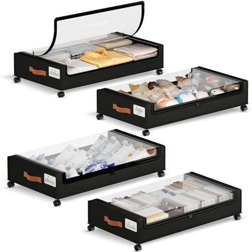 Yecaye 60L Under Bed Storage with Wheels, 4 Pack, Black | 360° Rolling Wheels, Clear Lids & Label, Reinforced Handle, Rolling Metal Drawers for Clothes, Blankets, Shoes in Bedroom