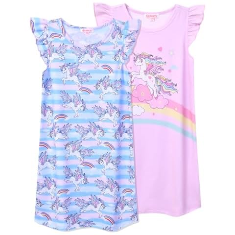 QPANCY 2-Pack Nightgown for Girls Flutter Sleeve Pajamas Cotton Sleepwear Rainbow Unicorn Night Dresses Size 6 7 Cover