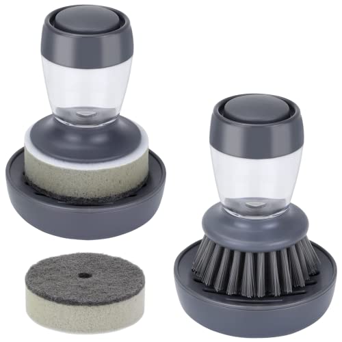 Dapower Dish Brush With Soap Dispenser, Kitchen Scrub Brush For Dishes Pots Pans Sink Cleaning, Dish Scrubber With Holder Set (Grey 2-Pack Combo Set) #TOP4
