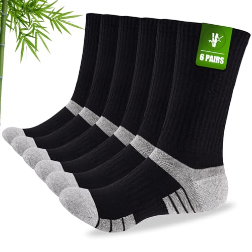 Stoeury Mens Bamboo Socks, Wicking Breathable Cushioned Sports Socks for Hiking Walking Athletics Working Running Trekking Cycling, Men Women, Outdoor Anti Blister Crew Seamless Sock Gifts 6 Pairs