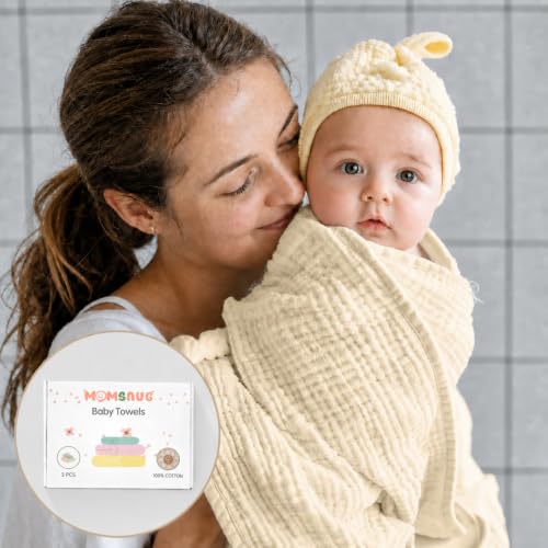 Image of 3-Pack Muslin Hooded Baby Towels, Light Green + Pink + Yellow, 35 inch X 35 inch | 100% Cotton, Ultra-Soft & Highly Absorbent ,Quick-Dry for Delicate Skin, For Babies, Toddler and Newborn