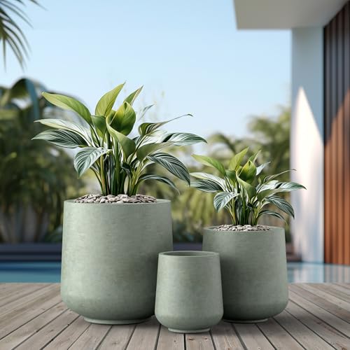 Image of Kante Set of 3 Mint Green Concrete Curved Planters 16.5 inch 13 inch 9.4 inch Dia | Drainage for Outdoor, Rubber Plug for Indoor Home, All-Weather Cement Pot, Handcraft, Lightweight & Durable, Anti-UV, Round
