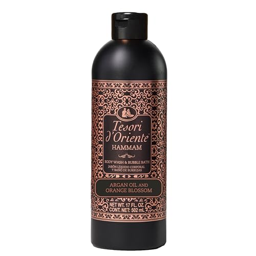 Tesori d’Oriente Hammam Body Wash & Bubble Bath, 17.5 fl oz, Gentle, Hydrating Shower Gel with Argan Oil & Vitamin E, Warm Orange Blossom Scented, No Silicones, Parabens & Mineral Oil