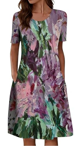 Image of LOVESHOOT Womens Summer Midi Dress 2026 Casual Short Sleeve A Line Dress with Pockets Evening Wedding Guest Work