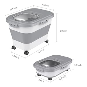 HBlife Collapsible Airtight Pet Food Storage Container, 20 Lb Rice Dispenser with Rolling Wheel Measuring Scoop and Measuring Cup, Small Sealed Dog and Cat Food Bin, Grey