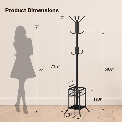 ELYKEN Coat Rack Freestanding, Metal Coat Rack Stand with Umbrella Holder, Modern Coat Tree with 12 Hooks, Floor Standing Corner Hall Tree for Entryway Living Room Bedroom Office, Black - Thumbnail 3