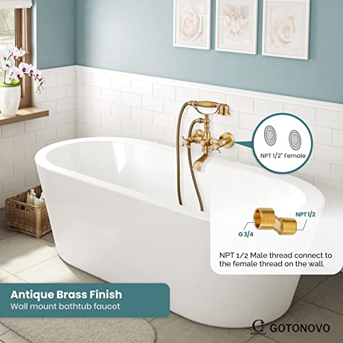 Wall Bathtub Faucet Set With Handheld Shower Spray Antique Brass Double Cross Handle 2 Functions Wall Mount 360 Swivel Mixer Tub Filler Spout Vintage Bathroom #TOP2