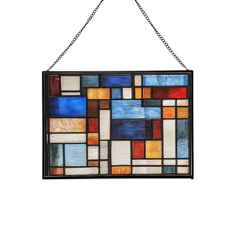 Elegant Mission Tiffany Stained Glass Window Panel, Handmade 13x9.5 Inch Rectangle Hanging Decor with Chain, Artistic Suncatcher for Home Use 91OR10
