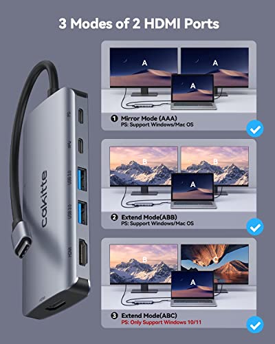 Usb C Laptop Docking Station, Cakitte Usb C Hub Dual Monitor With 2 Hdmi For Windows And Mac，8- In -1 Usb C Adapter Dongle With Dual 4K Hdmi,2 Usb,Pd,Sd/Tf Card Reader For Dell/Hp/Lenovo #TOP3