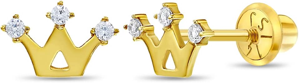 14k Yellow Gold Cubic Zirconia Princess Crown Young Girl's Screw Back Earrings - Screw Back Locking Crown Stud Earrings for Toddlers & Little Girls - Small Tiara Earrings for Children