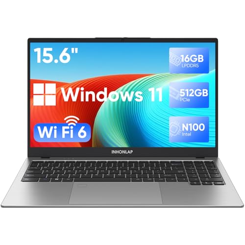 Laptop Computer, 15.6 Inch FHD IPS Display Laptop, 16GB LPDDR5 RAM Laptops, 4-Cores N100 Processor, Up to 3.4 GHz, 11 Pro, WiFi 6, BT 5.0, Webcam, USB-C, Long Lasting Battery