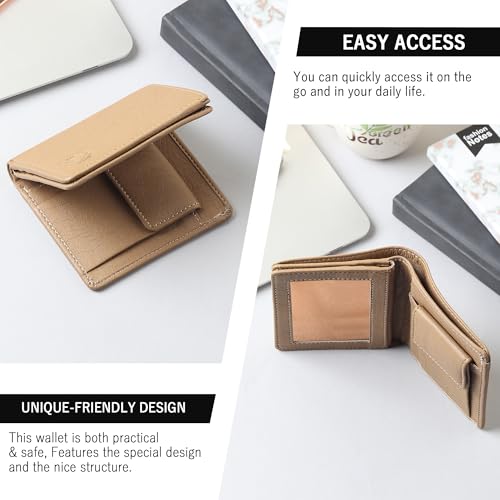 Image of VEMILIO Vegan Leather Wallet for Men & Women | 6 Card Slots | ID Window | Coin Pocket | 2 Hidden & 2 Currency Compartments | Durable Slim Bifold Purse (Beige)