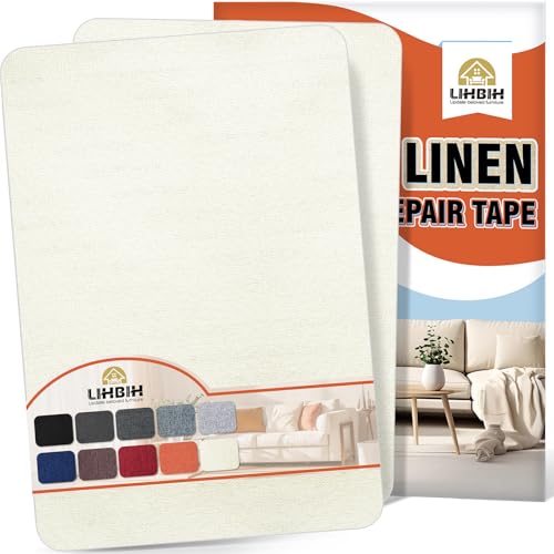Linen Fabric Repair Tape 2 Pcs 8x12 Inch, Self Adhesive Couch Patch Repair Fabric Tape for Furniture, Linen Patch Kit for Couch, Carpet, Upholstery, Chair, Sofa, Cushion, Bag (Beige White)