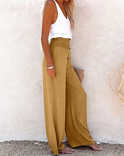 utcoco Womens Casual Cotton Linen High Waist Button Wide Leg Palazzo Pants3