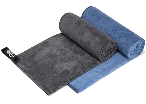 ZYXBBD Fitness Handtuch I 2er Sporthandtuch Fitnessstudio 100 x 50 cm - Rutschfestes Gymnastikhandtuch mit Fixierungen und Reißverschlusstasche I Mikrofaser Handtuch (Grau+Indigo)