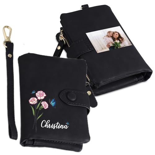 Personalized Wallet Women Small with Birth Flower and Name: Custom Bi-fold Women's Wallets - Ladies Minimalist Wallet for Women Teen Girls Gift (Black, Birth Flower Name Photo)