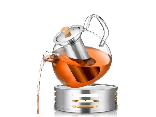 PORADA Teekanne Glas mit Edelstahl Erhitzer Teesieb Teekanne Tee Teekocher Teekanne mit Siebeinsatz Türkische Teekanne Stövchen (1000ml)