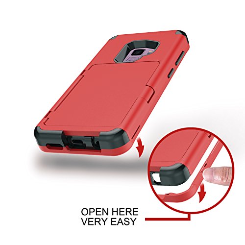 Acxlife Sumsung Galaxy S9 Case, Galaxy S9 Case Shockproof Heavy-Duty Protective Hybrid Cover With Card Slot Holder And Opened Back Mirror & Kickstand Case For Samsung (Red-B) #TOP4