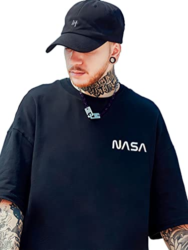 LEWEL Men's Stylish Printed Oversized 3/4th Sleeve T-Shirt (Black)