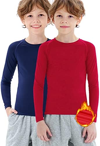 MRIGNT 2 Pack Youth Boys Thermal Compression Shirts Long Sleeve Fleece Baselayer Soccer Baseball Running Base Layer Undershirt