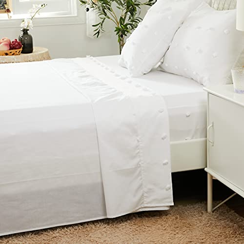 Fadfay Chic White Sheets Set King Size- Cotton Soft 600 Tc Luxury Pom Pom Fashion Designer Bed Sheets Breathable Tufted Bedding All White Cottage French Style Deep Pocket Sheet 4 Pcs, King #TOP7