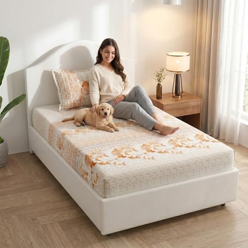 Image of Mafatlal 186 TC Spring Glory Graceful Pure Cotton Single Flatsheet (60 x 90 Inch) | Breathable Summer Comfort | Wrinkle-Free Floral Bedsheet with 1 Pillow Cover, Orange Peel